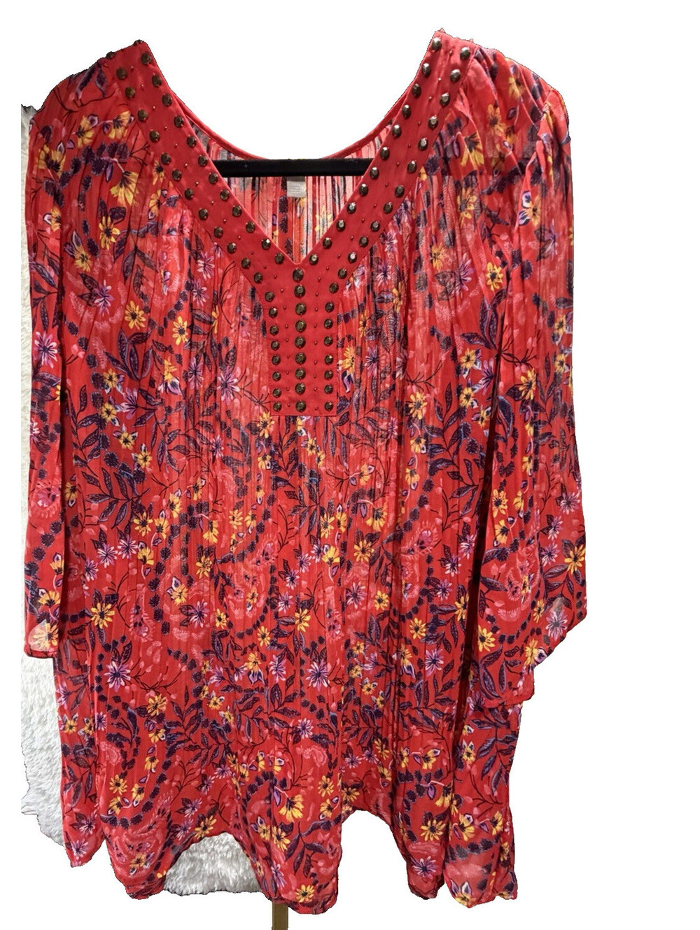 Woman Within Womens Embellished Crinkle Tunic Blouse Red Multi Floral Plus Sz 1X